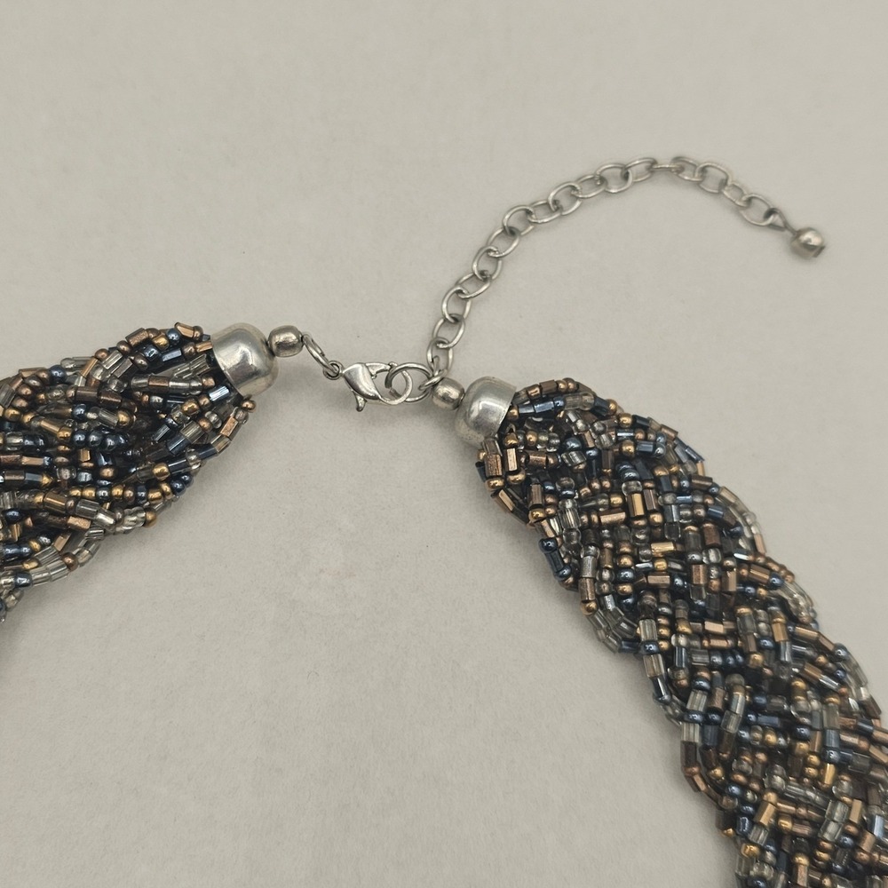 Braid Seed Bead Statement Necklace 21" Torsade Bronze Gold Tones Bib Boho Earthy - Picture 9 of 12